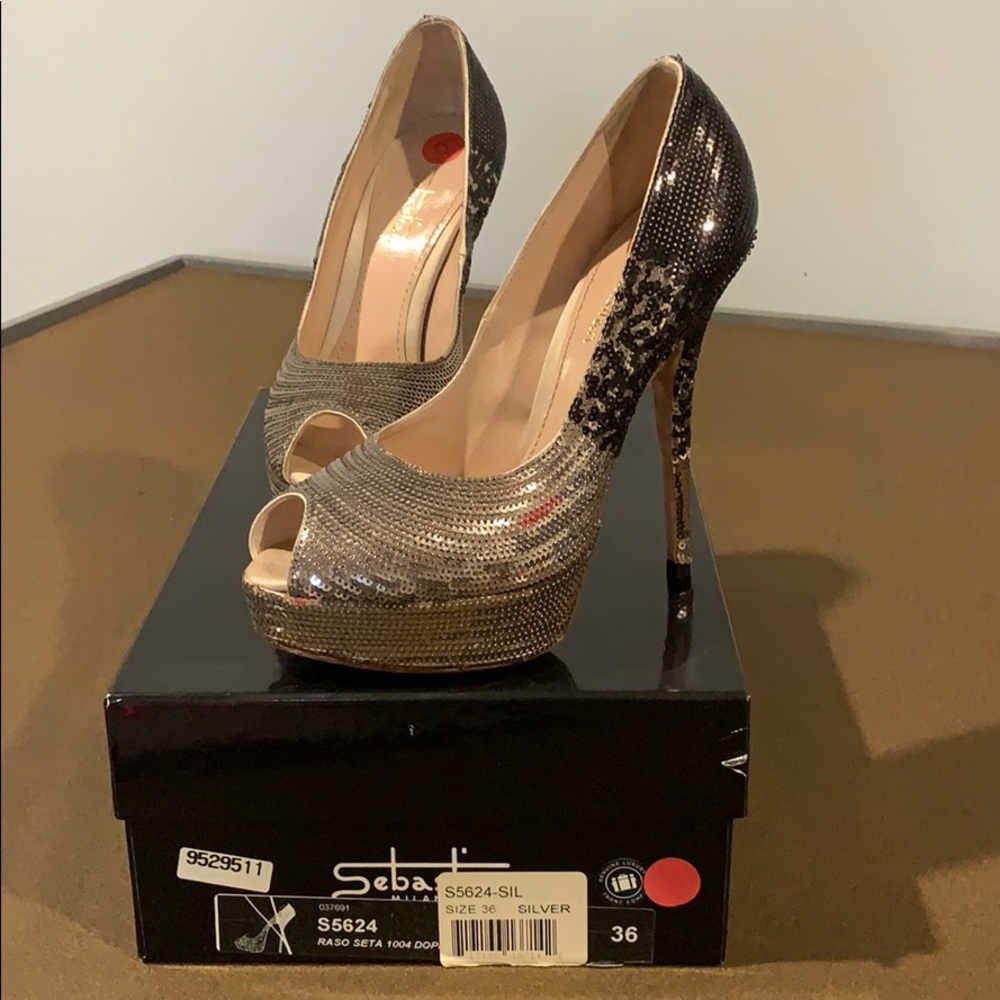 Sebastian Milano Sequin Peep Toe Pump Heel 5.5 6